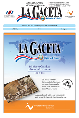 LA GACETA N° 34 De La Fecha 22 02 2018