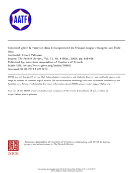 Comment Gérer La Variation Dans L'enseignement Du Français Langue Étrangère Aux États- Unis Author(S): Albert Valdman Source: the French Review, Vol