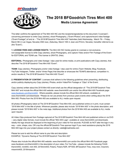 The 2018 Bfgoodrich Tires Mint 400 Media License Agreement