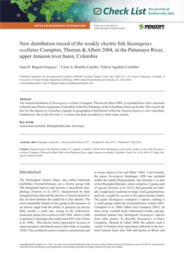 New Distribution Record of the Weakly Electric Fish Steatogenys Ocellatus Crampton, Thorsen & Albert 2004, in the Putumayo River, Upper Amazon River Basin, Colombia