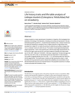 Life History Traits and Life Table Analysis of Lobiopa Insularis (Coleoptera: Nitidulidae) Fed on Strawberry