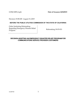 1 COM/MP6/Mph Date of Issuance 8/23/2019 Decision 19-08-025