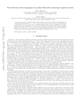 Arxiv:1209.2754V1 [Gr-Qc] 12 Sep 2012 Pcﬁ Om Ftepretﬂi Arnin[–] Oto Hs a These of Lagrangian Most ﬂuid [1–5]