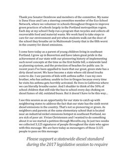 Please Support a Statewide Diesel Standard During the 2017 Legislative Session to Require Clean Diesel Engines That Don't Cause Unhealthy Air Pollution