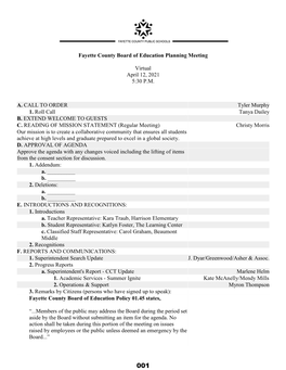Fayette County Board of Education Planning Meeting Virtual April 12