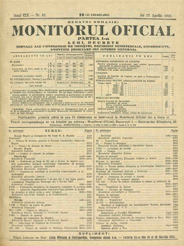 Monitorul Oficial Din a Treia Zi Toatä Corespondenta Se Trimite : Monitorul Oficial, Bucure§Ti 29 Telegrame: MON1TOFICIAL = Telefon : 5-1320, 5-1823, 5-1829 Cont C