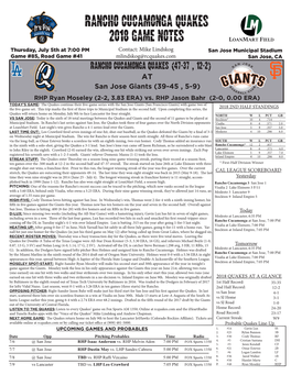 Rancho Cucamonga Quakes 2018 Game Notes