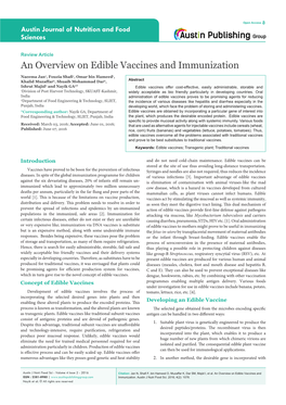 An Overview on Edible Vaccines and Immunization
