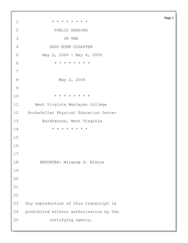 1 * * * * * * * * 2 Public Hearing 3 on the 4 Sago Mine Disaster