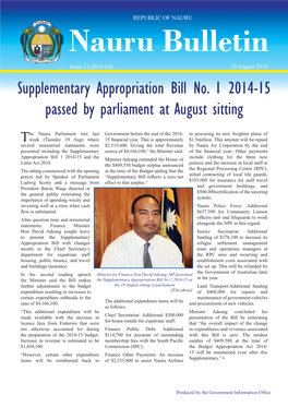 Nauru Bulletin Issue 13-2014/110 29 August 2014 Supplementary Appropriation Bill No