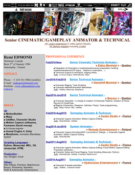 Senior CINEMATIC/GAMEPLAY ANIMATOR & TECHNICAL