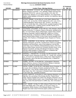 Marriage Announcements by Groom Surnames: a to H