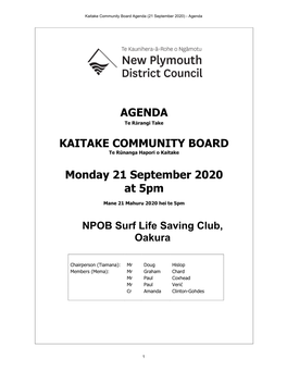 AGENDA KAITAKE COMMUNITY BOARD Monday 21 September 2020 At