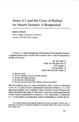 Amos 4:1 and the Cows of Bashan on Mount Samaria: a Reappraisal