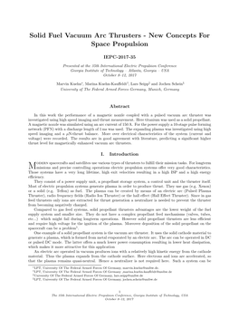 Solid Fuel Vacuum Arc Thrusters - New Concepts for Space Propulsion