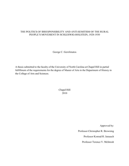 The Politics of Irresponsibility and Anti-Semitism of the Rural People’S Movement in Schleswig-Holstein, 1928-1930