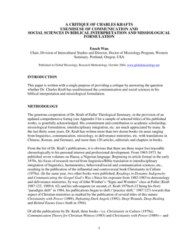 A Critique of Charles Krafts Use/Misuse of Communication and Social Sciences in Biblical Interpretation and Missiological Formulation