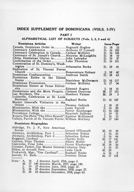 INDEX SUPPLEMENT of DOMINICANA (VOLS. I-IV) PART 1 ALPHABETICAL LIST of SUBJECTS (Vola