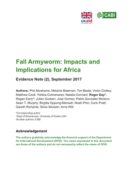 Fall Armyworm: Impacts and Implications for Africa Evidence Note (2), September 2017