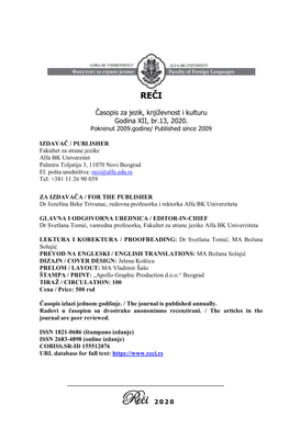 Časopis Za Jezik, Književnost I Kulturu Godina XII, Br.13, 2020. Pokrenut 2009.Godine/ Published Since 2009