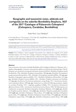 Geographic and Taxonomic Notes, Addenda and Corrigenda on the Subtribe Bembidiina Stephens, 1827 of the 2017