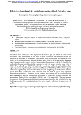 Effect of Prolonged Captivity on the Hemolymph Profile of Tachypleus Gigas