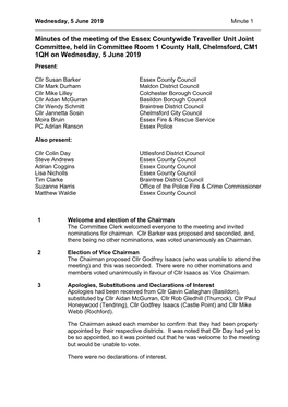 Minutes of the Meeting of the Essex Countywide Traveller Unit Joint Committee, Held in Committee Room 1 County Hall, Chelmsford, CM1 1QH on Wednesday, 5 June 2019