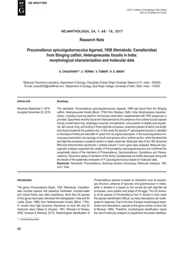 Nematoda: Camallanidae) from Stinging Catﬁ Sh, Heteropneustes Fossilis in India: Morphological Characterization and Molecular Data