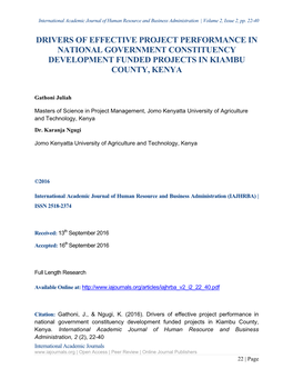 Drivers of Effective Project Performance in National Government Constituency Development Funded Projects in Kiambu County, Kenya