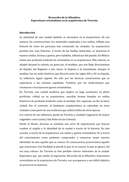 Recuerdos De La Alhambra. Expresiones Orientalistas En La Arquitectura De Torreón