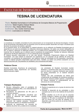 Realidad Aumentada En La Enseñanza De Conceptos Básicos De Programación Autores: Natalí Angélica Salazar Mesía Director: Esp