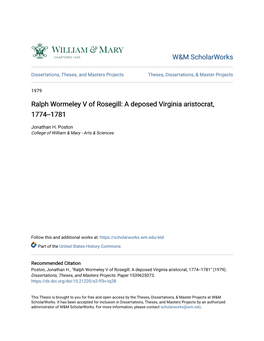 Ralph Wormeley V of Rosegill: a Deposed Virginia Aristocrat, 1774--1781