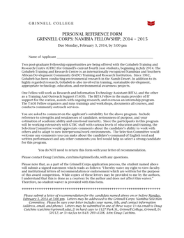 Personal Reference Form Grinnell Corps: Namibia Fellowship, 2014 – 2015