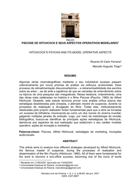 Psicose De Hitchcock E Seus Aspectos Operativos Modelares1