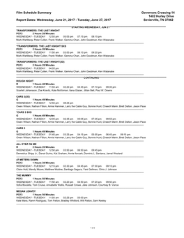 Film Schedule Summary Governors Crossing 14 1402 Hurley Drive Report Dates: Wednesday, June 21, 2017 - Tuesday, June 27, 2017 Sevierville, TN 37862