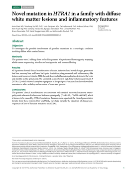 Novel Mutation in HTRA1 in a Family with Diffuse White Matter Lesions and Inflammatory Features Amin Ziaei, Xiaohong Xu, Leila Dehghani, Et Al