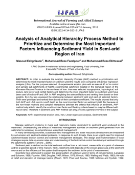 Analysis of Analytical Hierarchy Process Method to Prioritize and Determine the Most Important Factors Influencing Sediment Yield in Semi-Arid Region of Iran