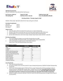2020 PGA Championship (The 32Nd of 36 Events in the 2019-20 PGA TOUR Season) San Francisco, California August 6-9, 2020 Fedexc