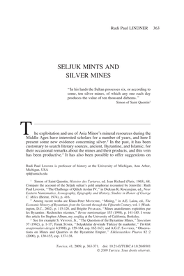 Seljuk Mints and Silver Mines