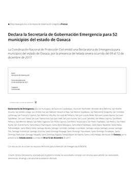 Declara La Secretaría De Gobernación Emergencia Para 52 Municipios Del Estado De Oaxaca