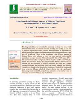 Long Term Rainfall Trend Analysis of Different Time Series in Solapur District of Maharashtra, India