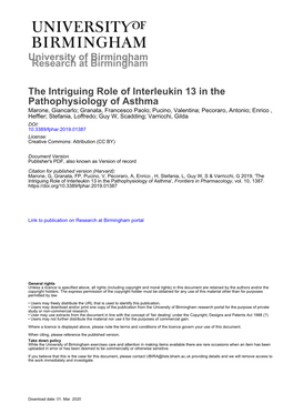 The Intriguing Role of Interleukin 13 in the Pathophysiology of Asthma