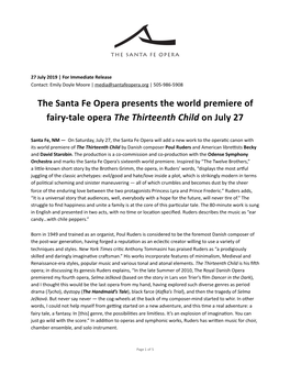 The Santa Fe Opera Presents the World Premiere of Fairy-Tale Opera the Thirteenth Child on July 27