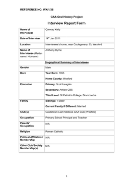 GAA Oral History Project Interview Report Form