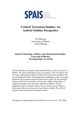 Critical Terrorism Studies: an Activist Scholar Perspective