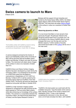 Swiss Camera to Launch to Mars 9 March 2016