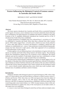 Factors Influencing the Biological Control of Lantana Camara in Australia and South Africa