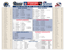 Sunday, October 28, 2012 • Wembley Stadium • 5 P.M. RAMS OFFENSE PATRIOTS DEFENSE RAMS SPECIALISTS PATRIOTS OFFENSE RAMS