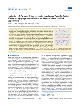 Hydration of Cations: a Key to Understanding of Speciﬁc Cation Eﬀects on Aggregation Behaviors of PEO-PPO-PEO Triblock Copolymers Jacob C