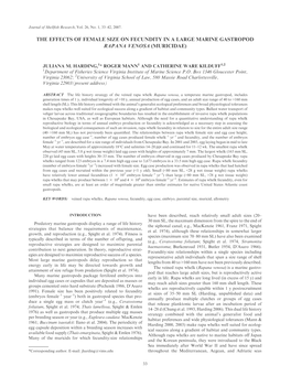 The Effects of Female Size on Fecundity in a Large Marine Gastropod Rapana Venosa (Muricidae)